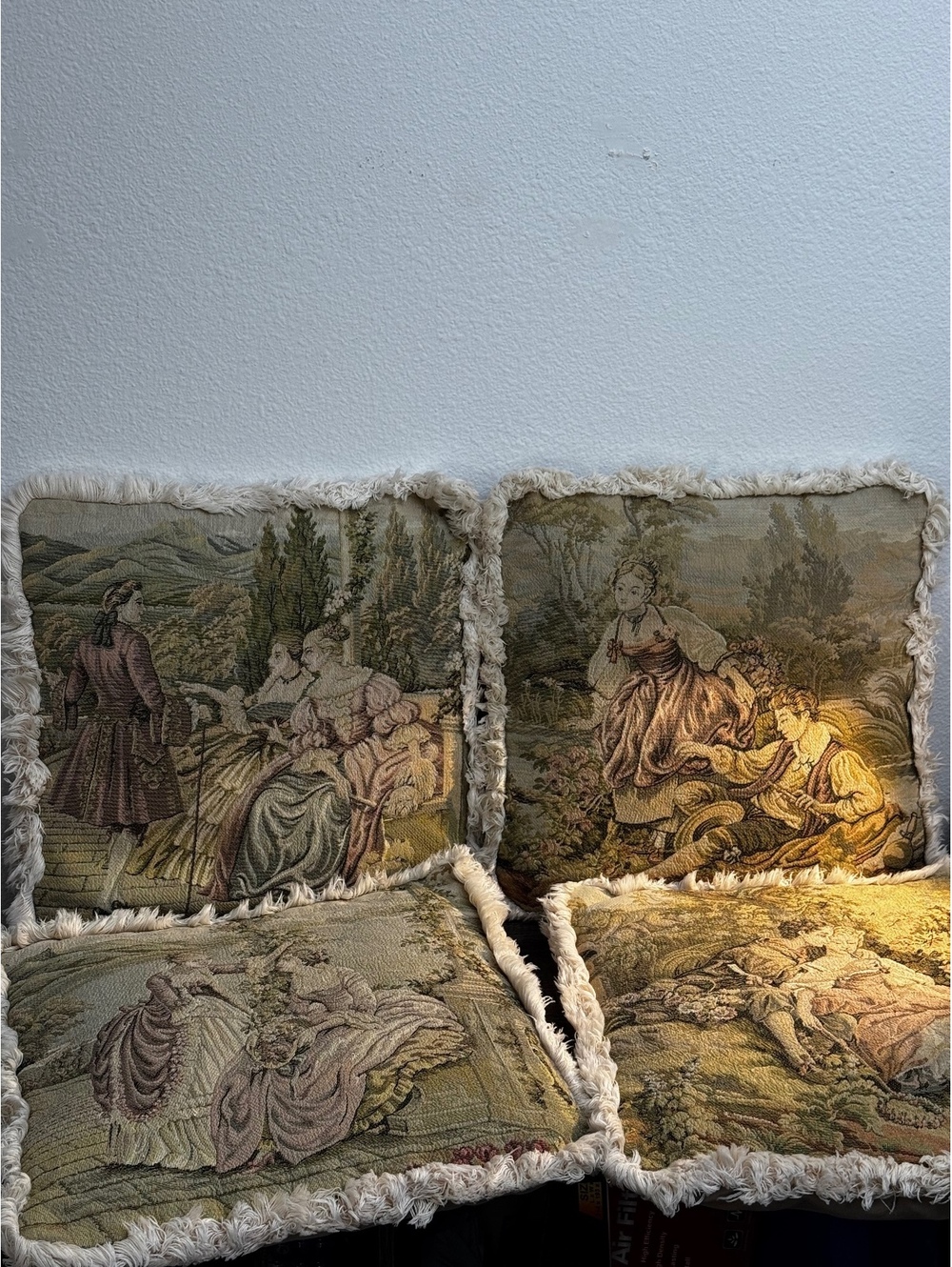 Vintage Style French Tapestry Throw Pillows Set of 4 Pastoral Fringe